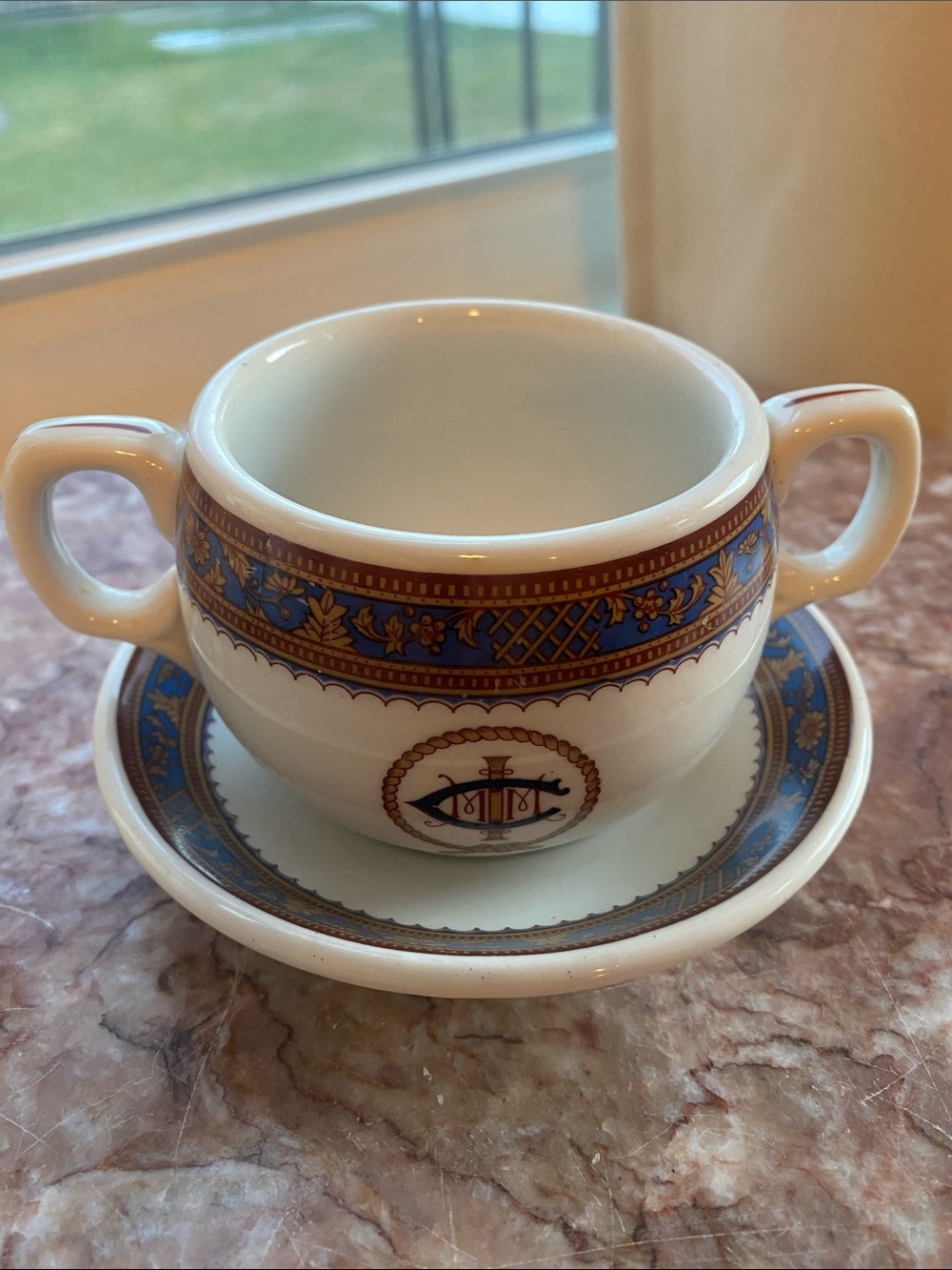 Vintage Buffalo China M.E.D Double handle Cream Soup Bowl & Underplate